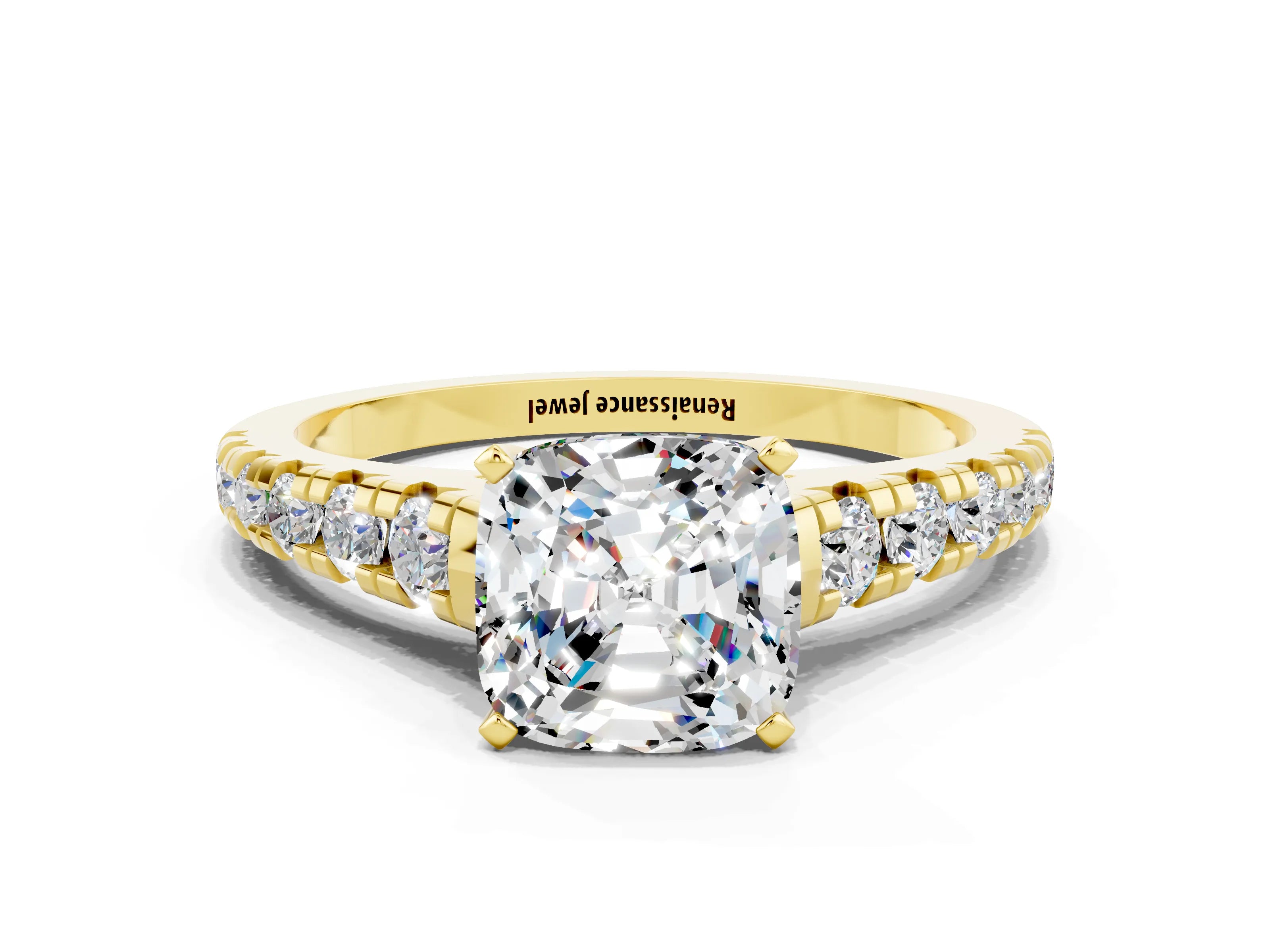 Yellow gold Cushion Cut Moissanite Solitaire Ring with Cathedral Setting and Pavé Band