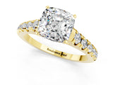 Yellow gold Cushion Cut Moissanite Solitaire Ring with Cathedral Setting and Pavé Band_1