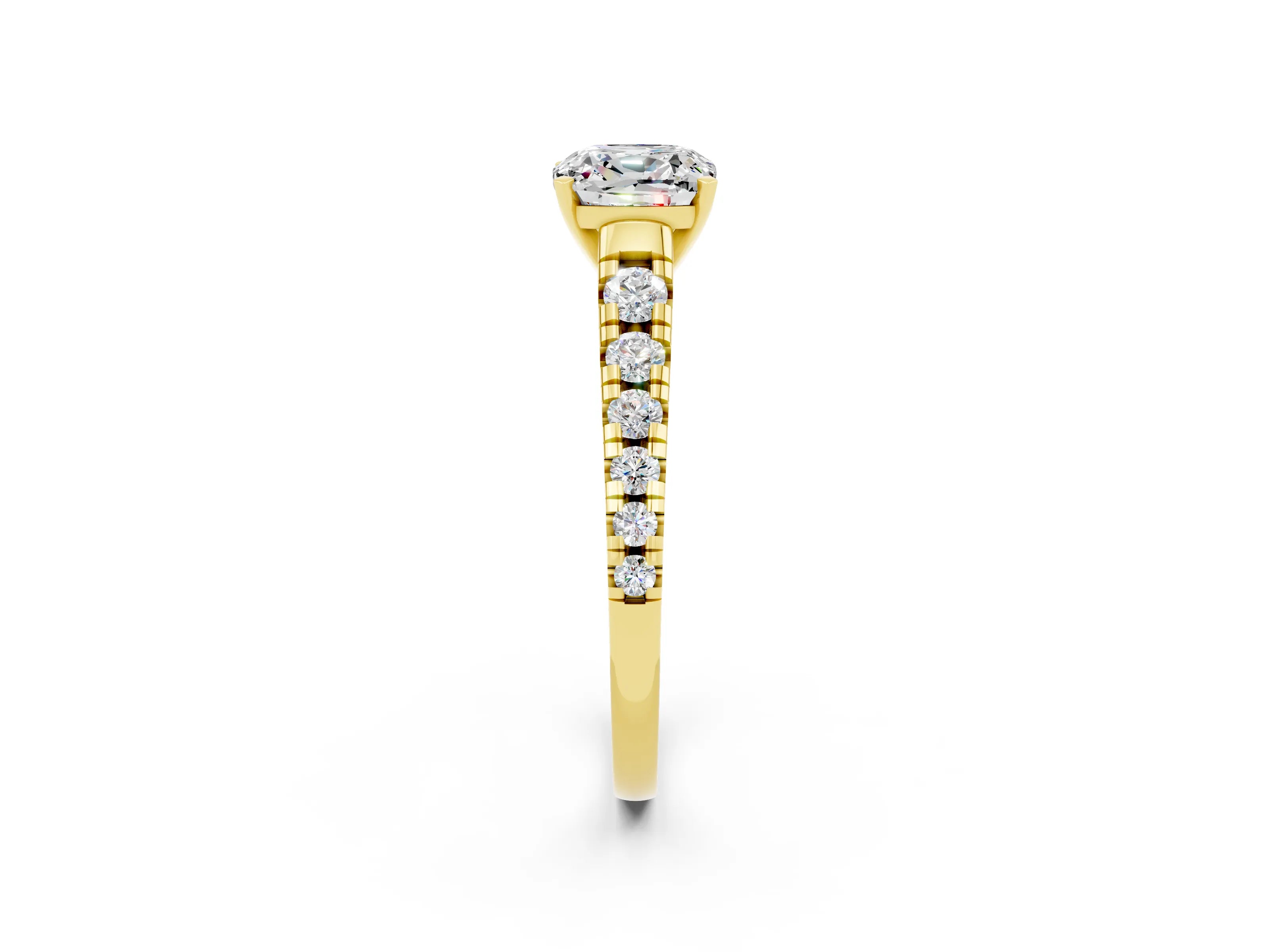 Yellow gold Cushion Cut Moissanite Solitaire Ring with Cathedral Setting and Pavé Band_2