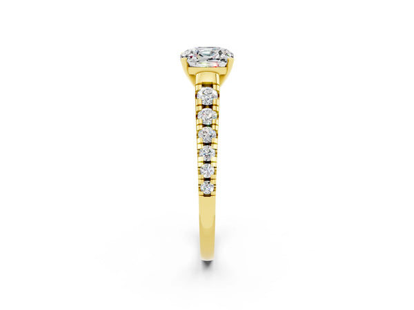 Yellow gold Cushion Cut Moissanite Cathedral Solitaire Ring with Round  Pavé Band