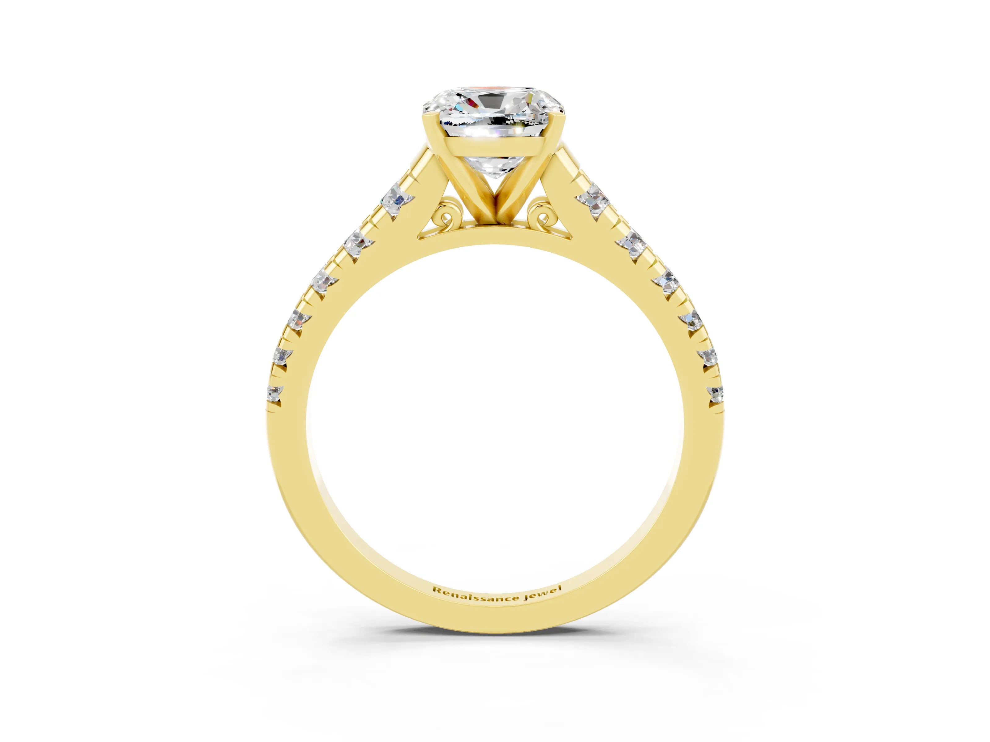 Yellow gold Cushion Cut Moissanite Solitaire Ring with Cathedral Setting and Pavé Band_3
