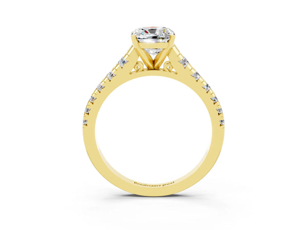 Yellow gold Cushion Cut Moissanite Cathedral Solitaire Ring with Round  Pavé Band