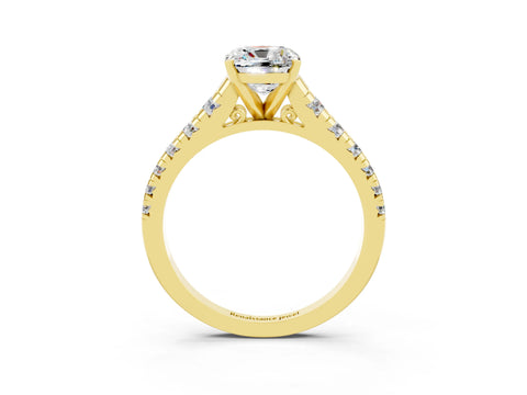 Yellow gold Cushion Cut Moissanite Solitaire Ring with Cathedral Setting and Pavé Band_3
