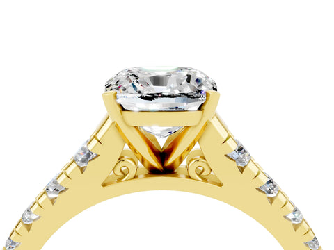 Yellow gold Cushion Cut Moissanite Solitaire Ring with Cathedral Setting and Pavé Band_4