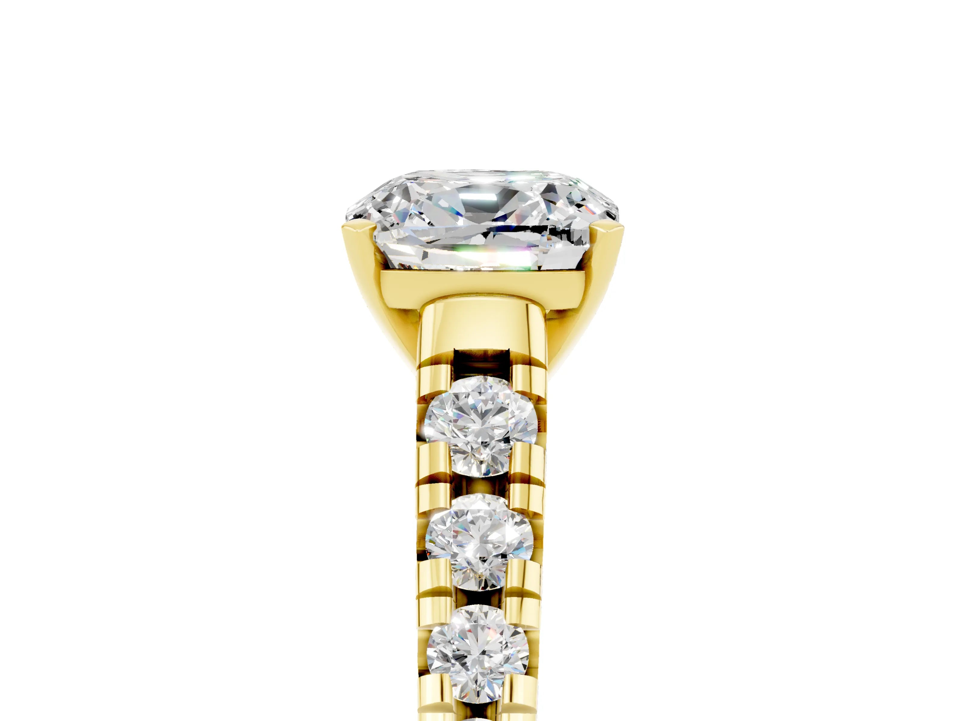 Yellow gold Cushion Cut Moissanite Solitaire Ring with Cathedral Setting and Pavé Band_5