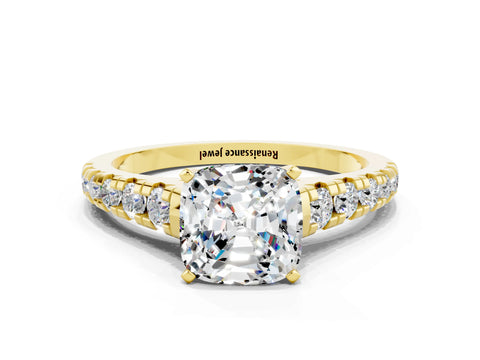 Yellow gold Cushion Cut Moissanite Solitaire Ring with Cathedral Setting and Pavé Band