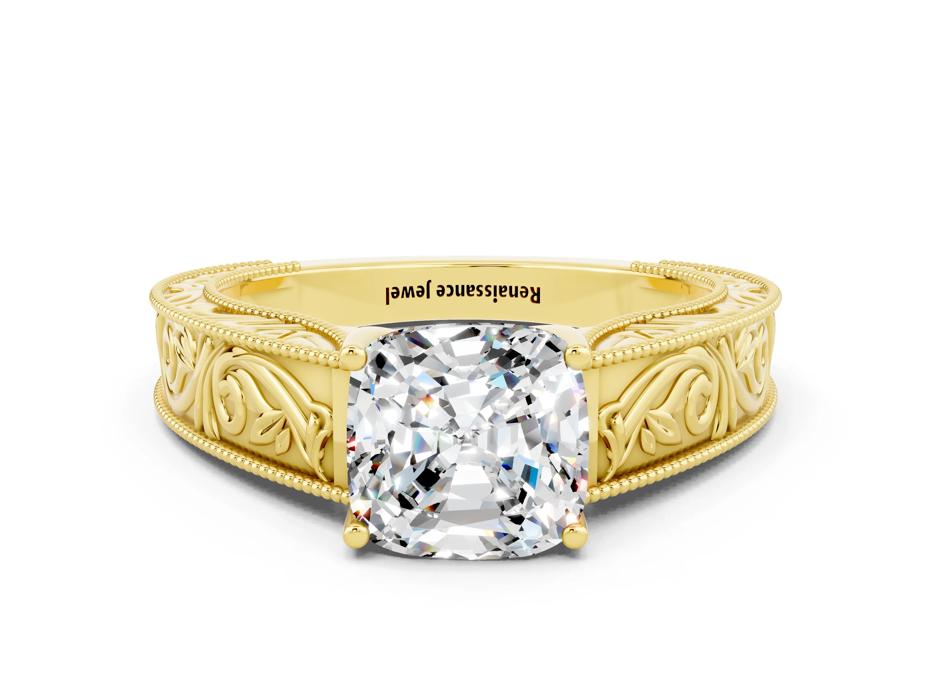 Yellow gold Cushion Cut Moissanite Solitaire Ring with Engraved Band and Four-Prong Setting