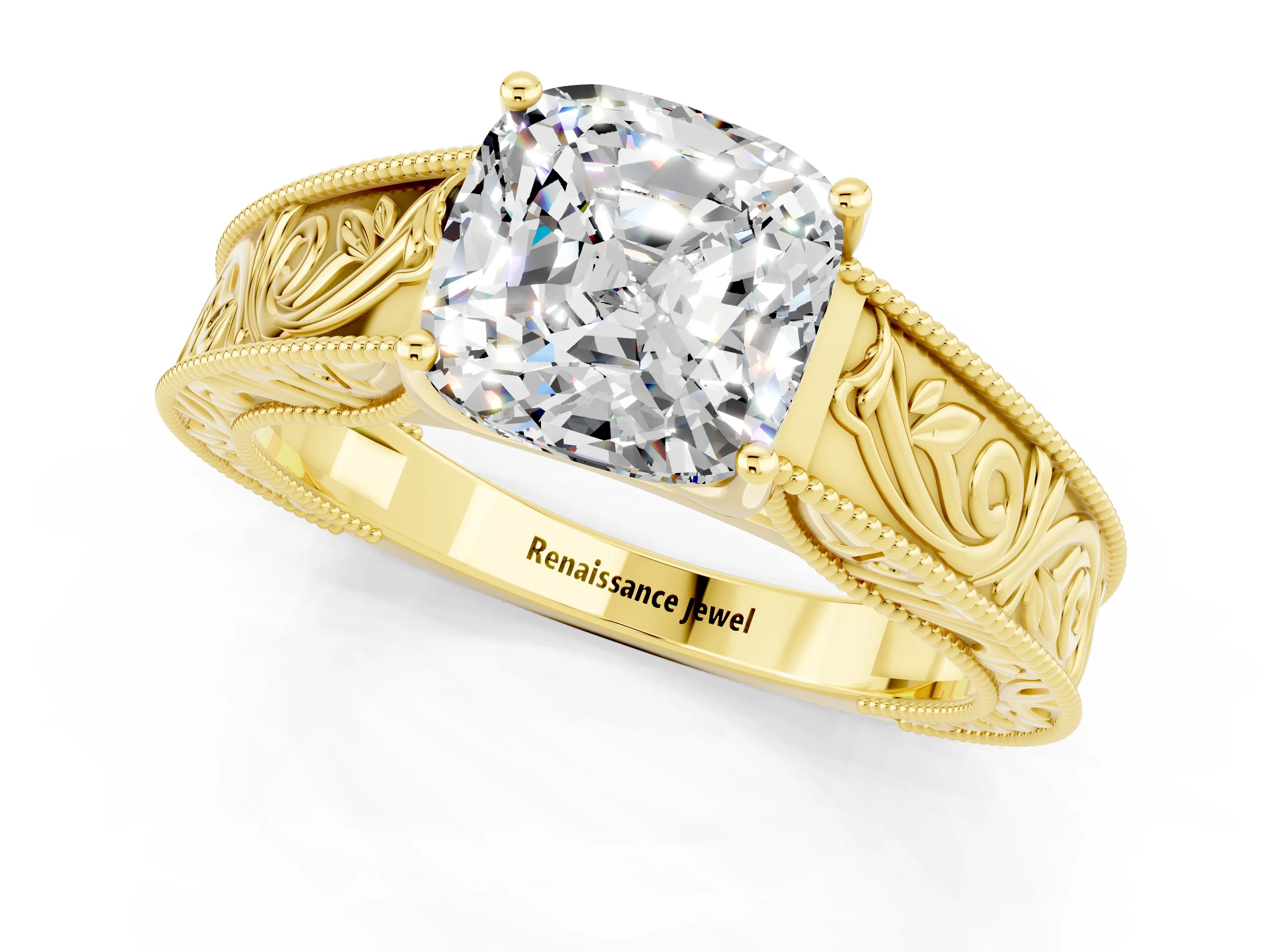 Yellow gold Cushion Cut Moissanite Solitaire Ring with Engraved Band and Four-Prong Setting_1