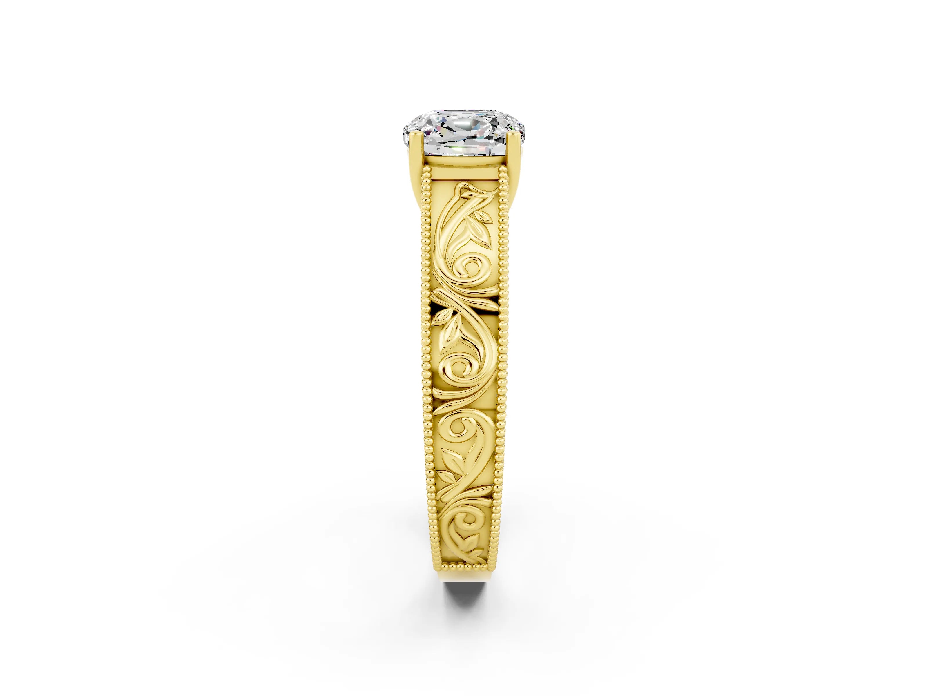 Yellow gold Cushion Cut Moissanite Solitaire Ring with Engraved Band and Four-Prong Setting_2