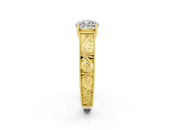Yellow gold Cushion Cut Moissanite Solitaire Ring with Engraved Band and Four-Prong Setting
