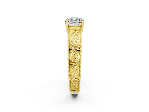 Yellow gold Cushion Cut Moissanite Solitaire Ring with Engraved Band and Four-Prong Setting_2