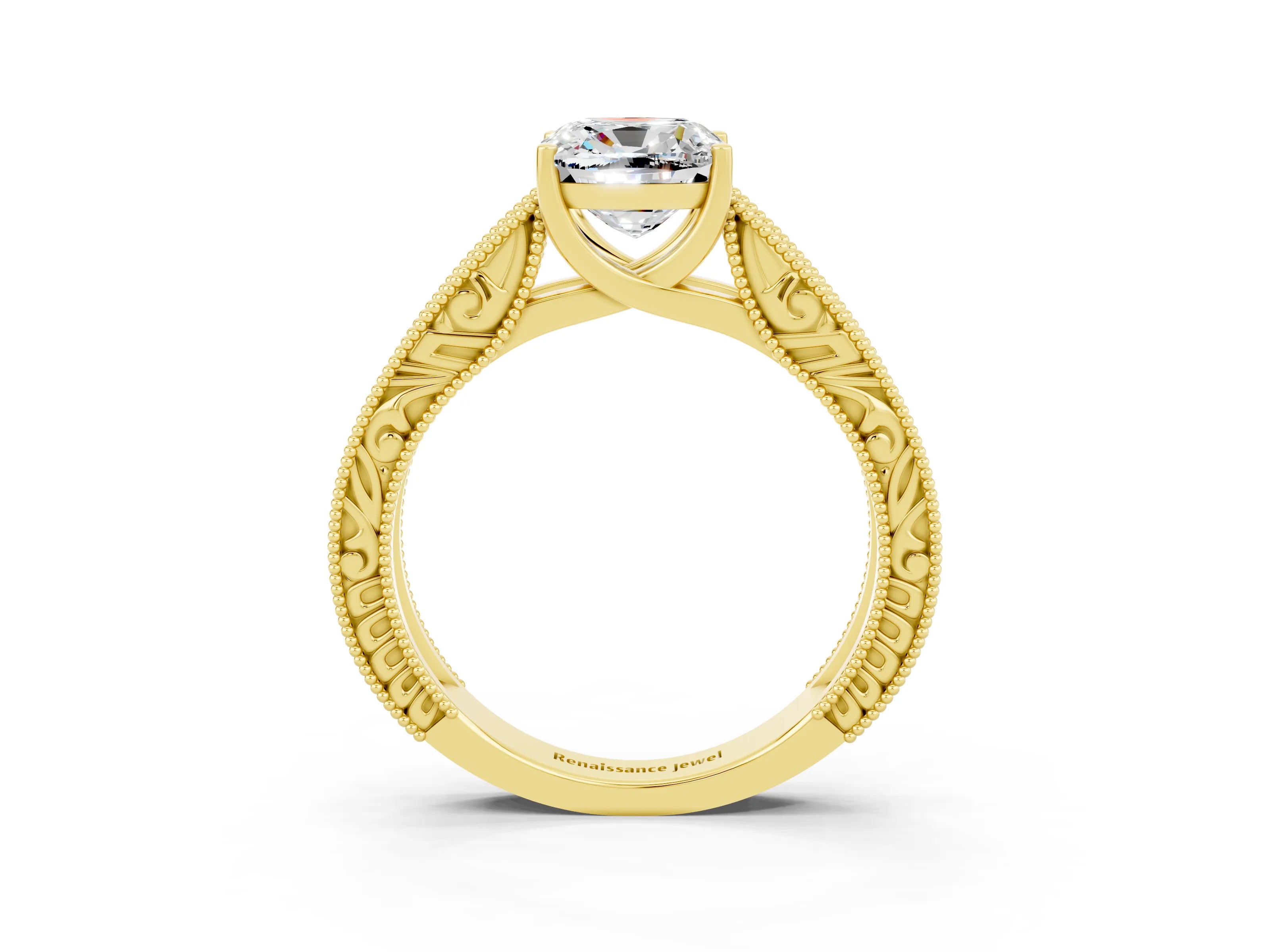 Yellow gold Cushion Cut Moissanite Solitaire Ring with Engraved Band and Four-Prong Setting_3