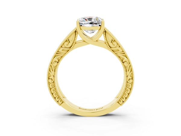 Yellow gold Cushion Cut Moissanite Solitaire Ring with Engraved Band and Four-Prong Setting