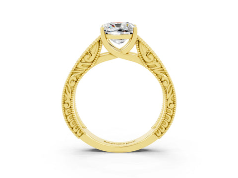Yellow gold Cushion Cut Moissanite Solitaire Ring with Engraved Band and Four-Prong Setting_3