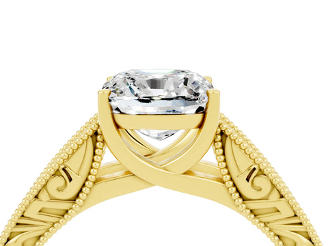 Yellow gold Cushion Cut Moissanite Solitaire Ring with Engraved Band and Four-Prong Setting_4