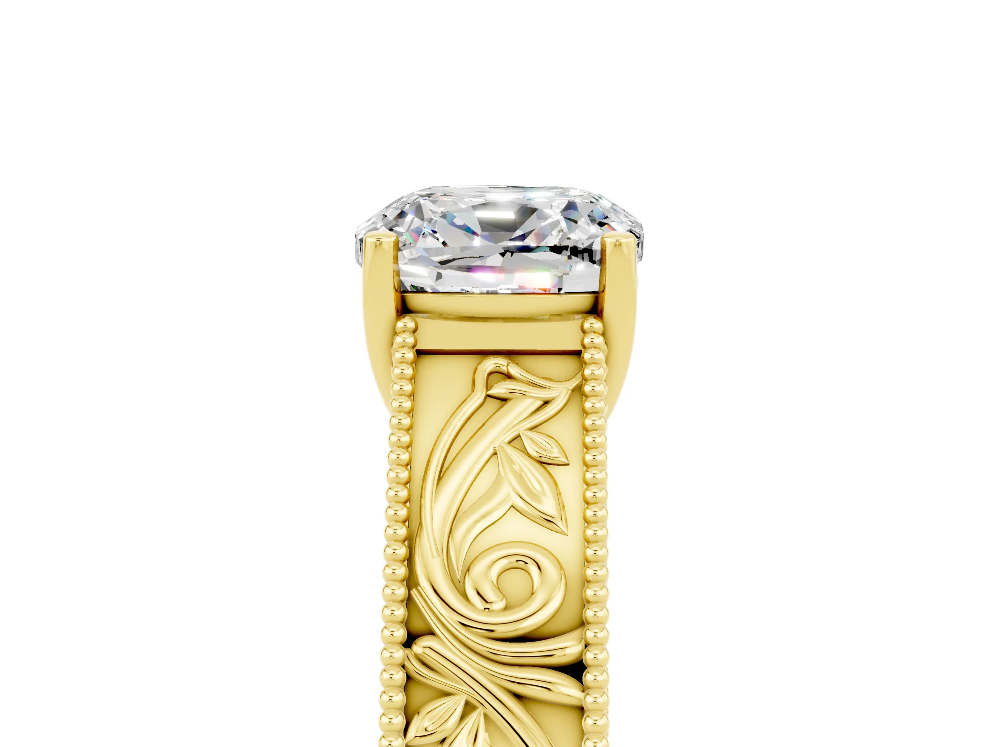 Yellow gold Cushion Cut Moissanite Solitaire Ring with Engraved Band and Four-Prong Setting_5