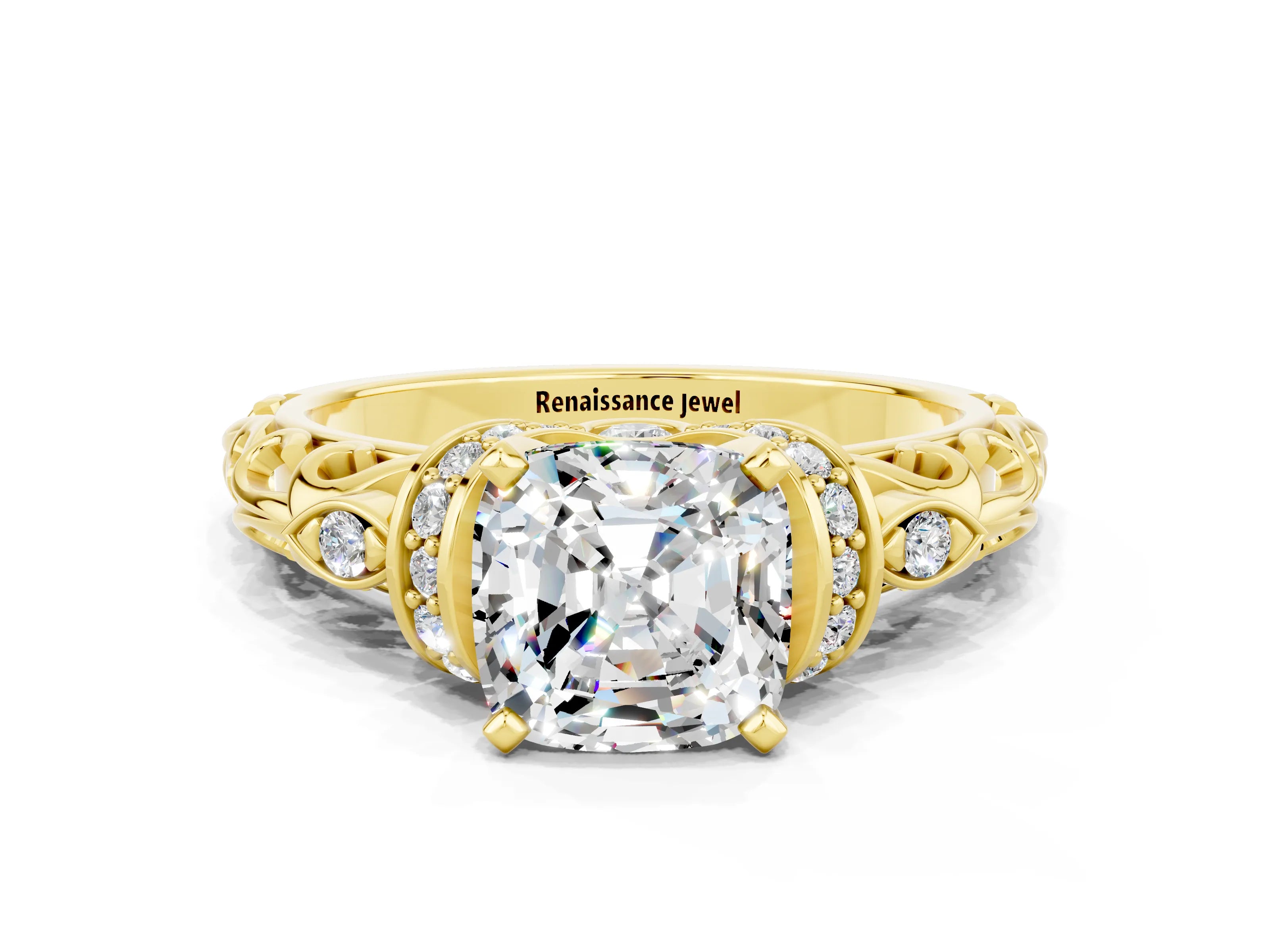 Yellow gold Cushion Cut Moissanite Solitaire Ring with Filigree Band and Four-Prong Setting_24