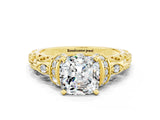 Yellow gold Cushion Cut Moissanite Solitaire Ring with Filigree Band and Four-Prong Setting_24