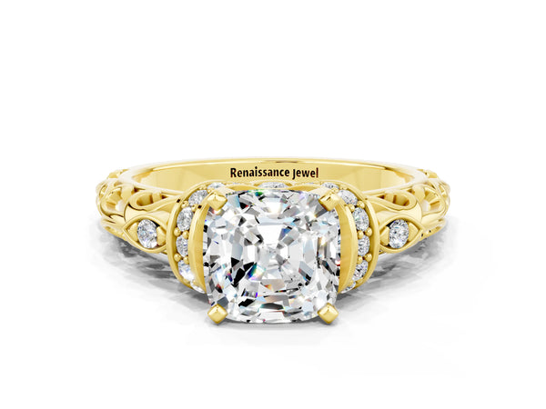 Yellow gold Cushion Cut Moissanite Solitaire Ring with Filigree Band and Four-Prong Setting