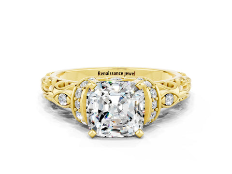 Yellow gold Cushion Cut Moissanite Solitaire Ring with Filigree Band and Four-Prong Setting_24