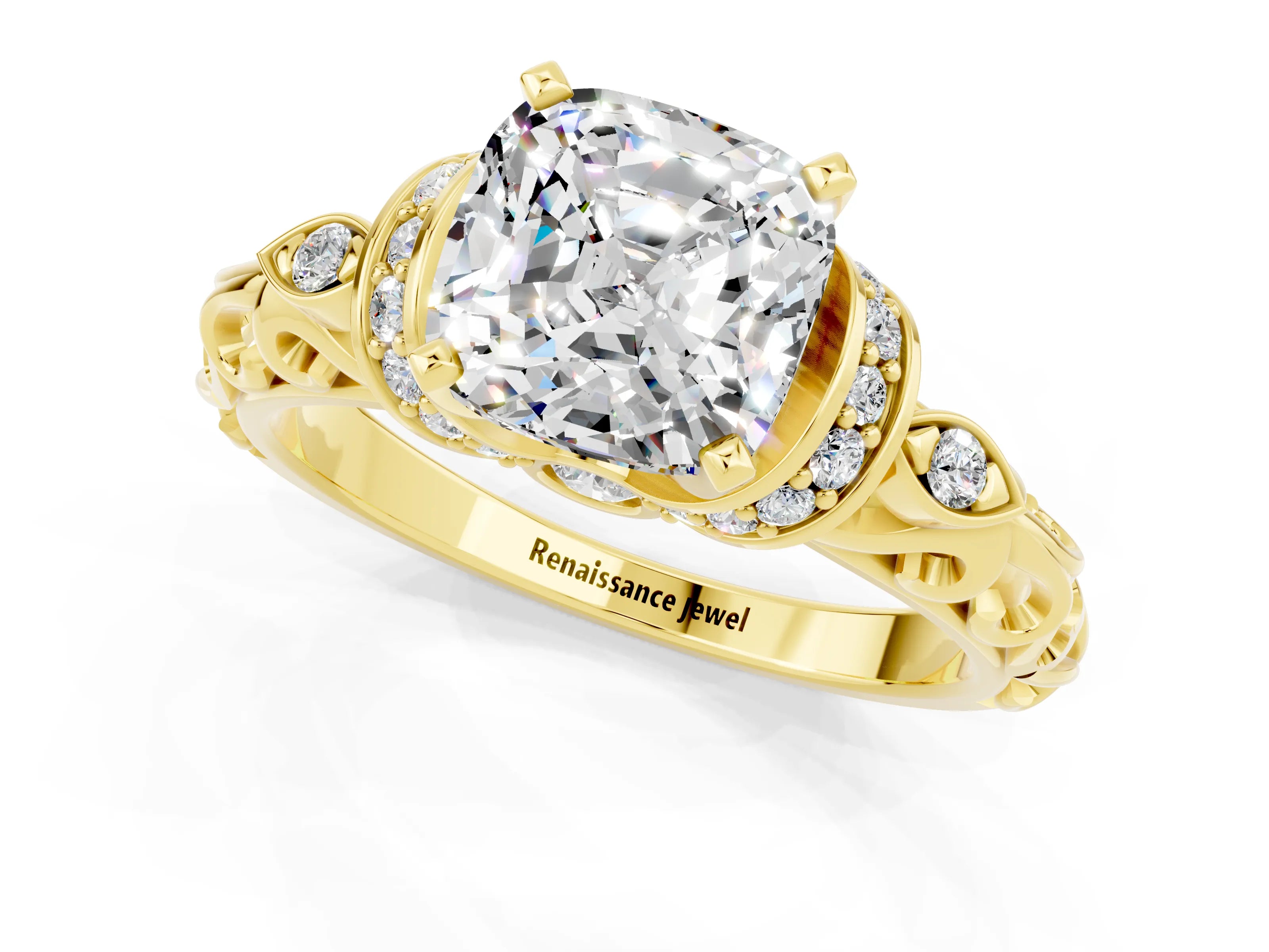 Yellow gold Cushion Cut Moissanite Solitaire Ring with Filigree Band and Four-Prong Setting_25