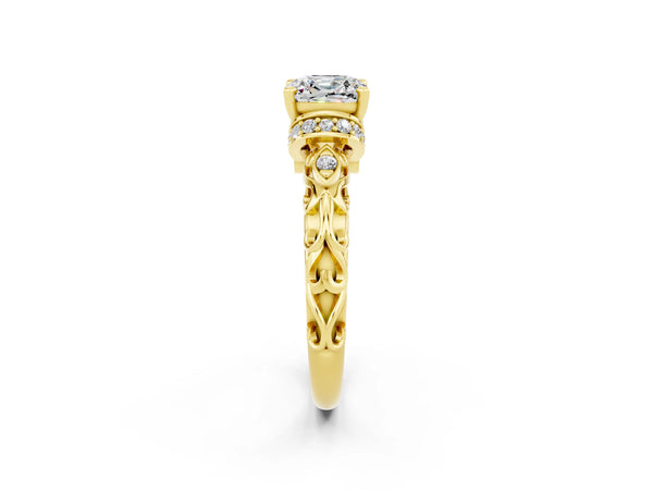 Yellow gold Cushion Cut Moissanite Solitaire Ring with Filigree Band and Four-Prong Setting