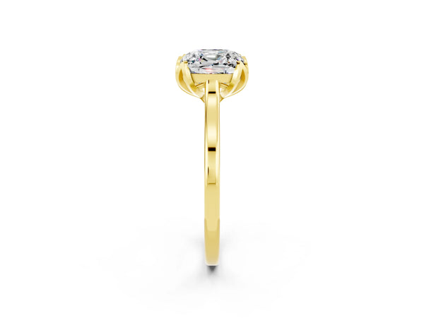 Yellow gold Cushion Cut Moissanite Solitaire Ring with Flower Prong Setting and Classic Band