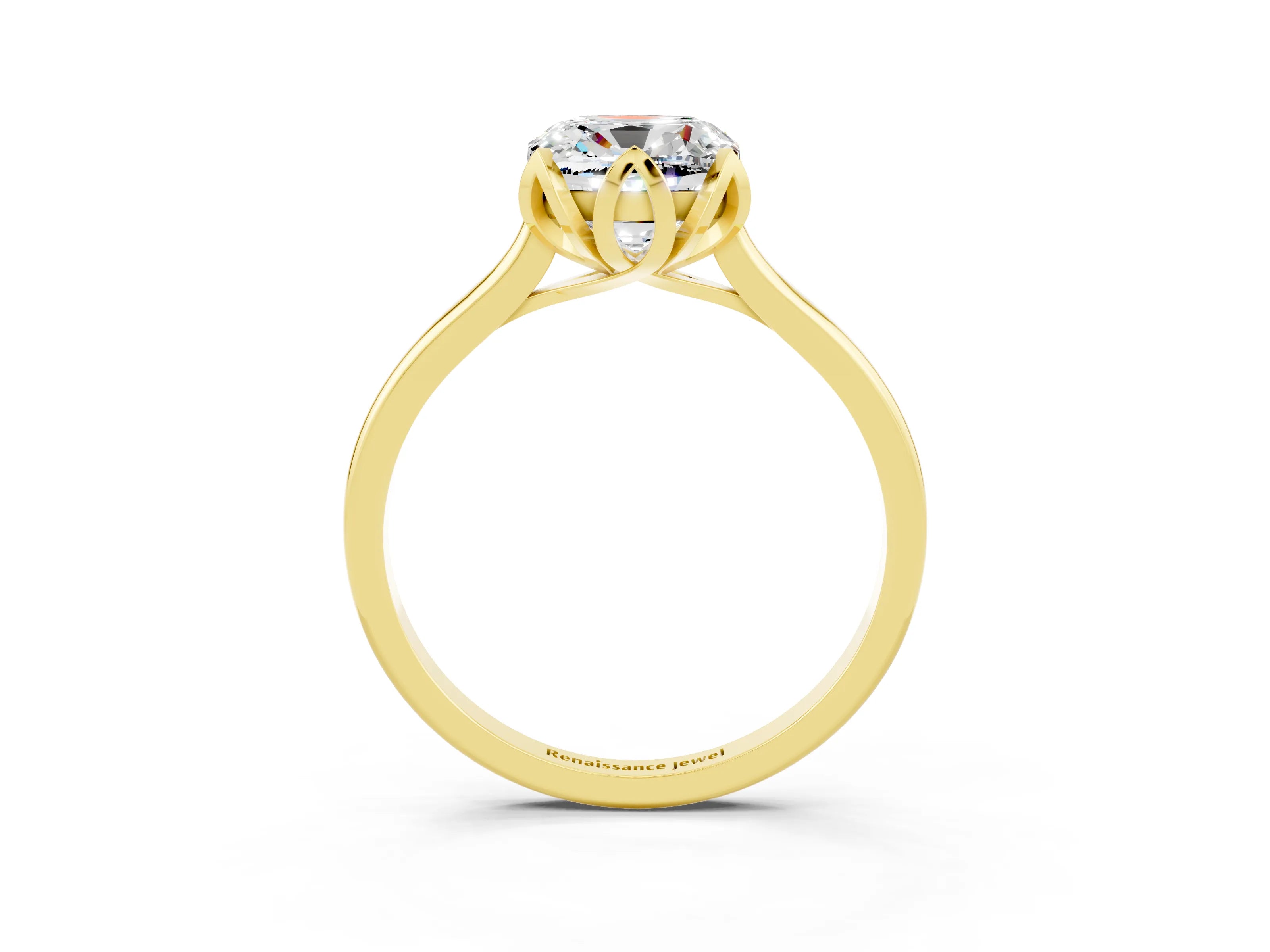 Yellow gold Cushion Cut Moissanite Solitaire Ring with Flower Prong Setting and Classic Band_15