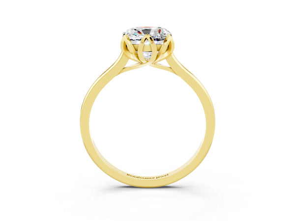 Yellow gold Cushion Cut Moissanite Solitaire Ring with Flower Prong Setting and Classic Band