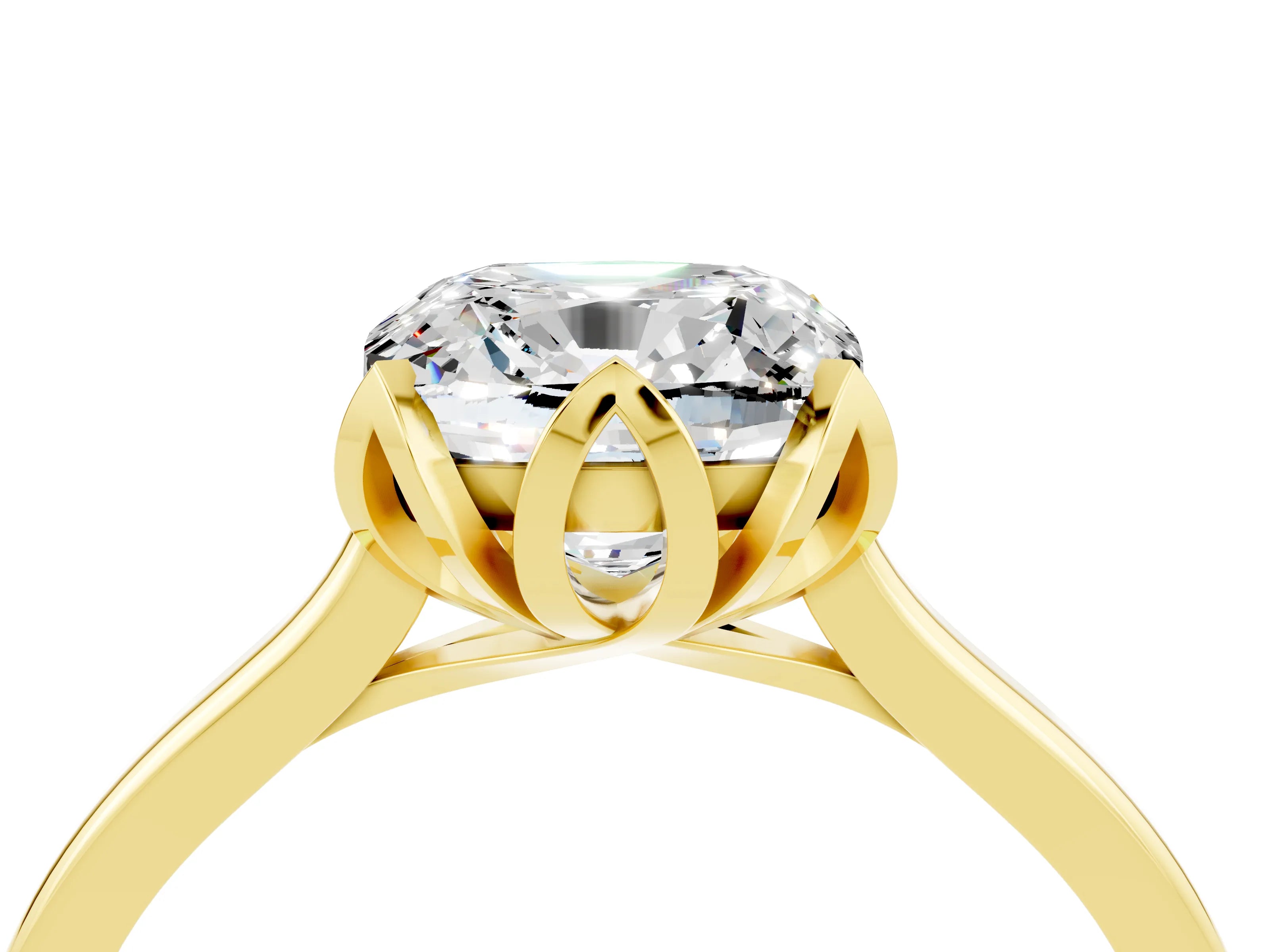 Yellow gold Cushion Cut Moissanite Solitaire Ring with Flower Prong Setting and Classic Band_16