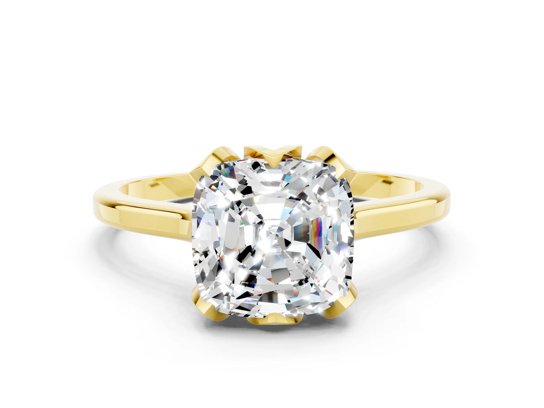 Yellow gold Cushion Cut Moissanite Solitaire Ring with Flower Prong Setting and Classic Band_36