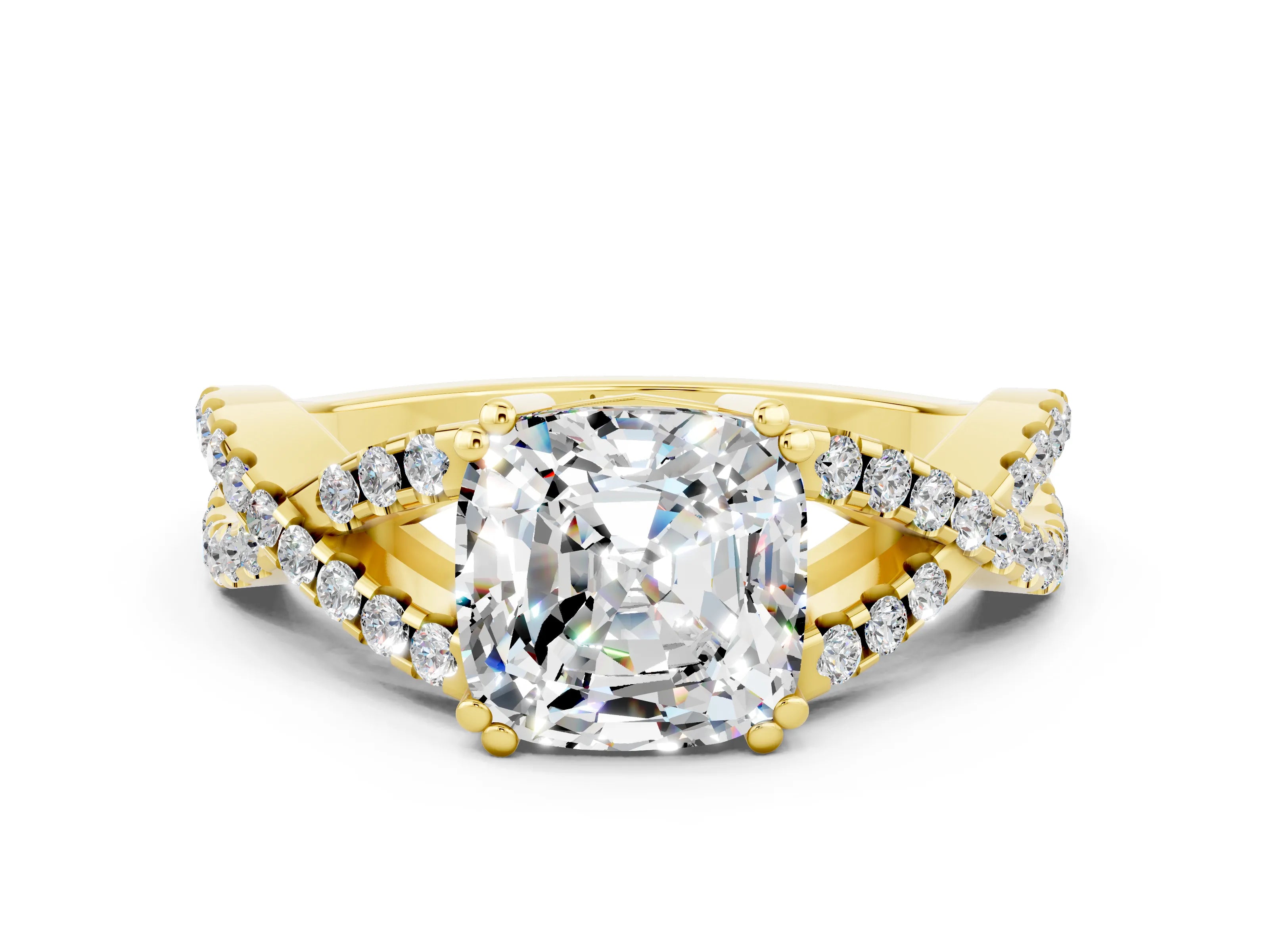 Yellow gold Cushion Cut Moissanite Solitaire Ring with Four-Prong Setting and Twisted Pavé Band