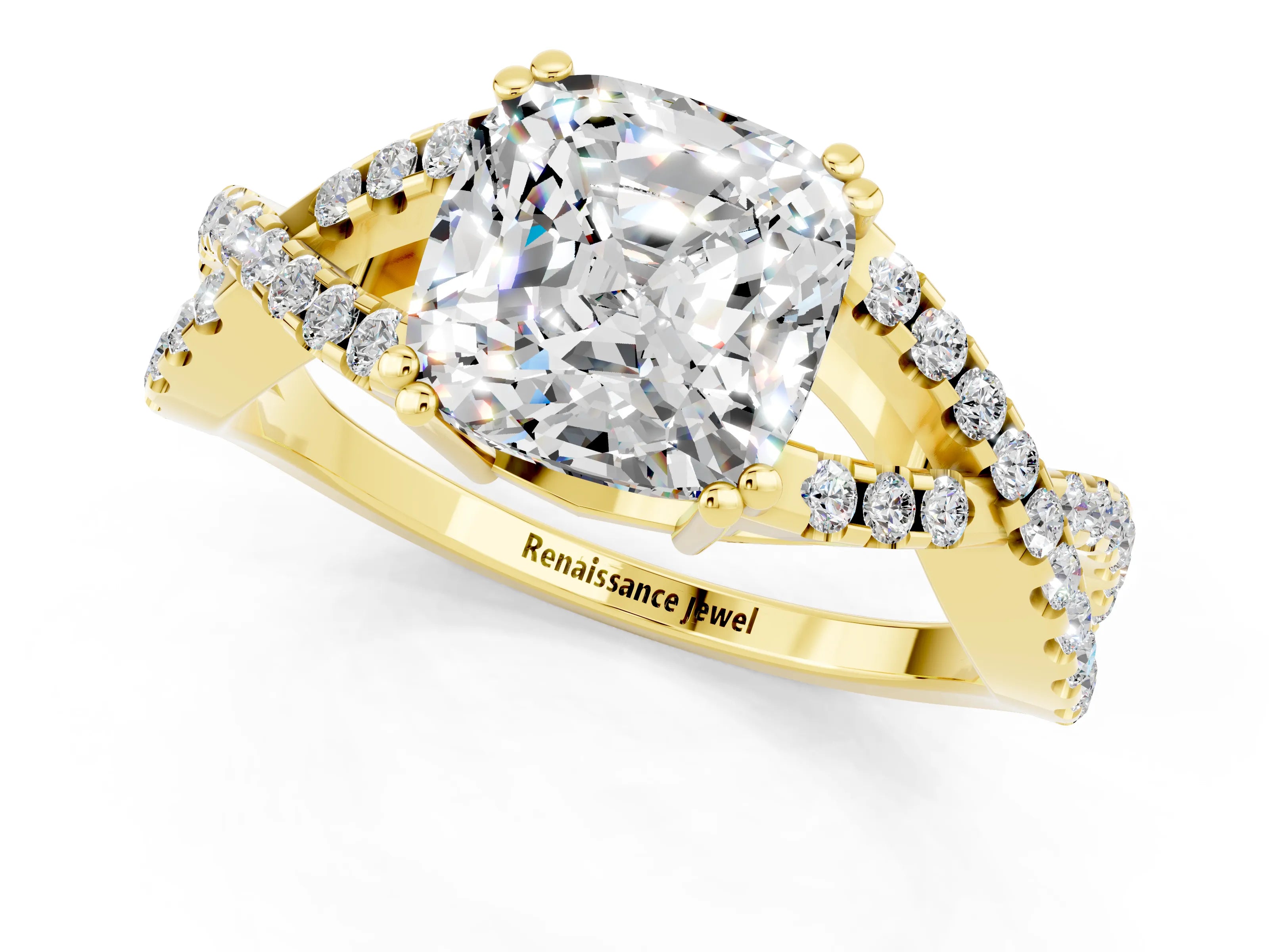 Yellow gold Cushion Cut Moissanite Solitaire Ring with Four-Prong Setting and Twisted Pavé Band_1