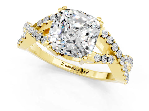 Yellow gold Cushion Cut Moissanite Solitaire Ring with Four-Prong Setting and Twisted Pavé Band_1