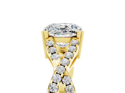 Yellow gold Cushion Cut Moissanite Solitaire Ring with Four-Prong Setting and Twisted Pavé Band_5