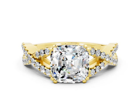 Yellow gold Cushion Cut Moissanite Solitaire Ring with Four-Prong Setting and Twisted Pavé Band