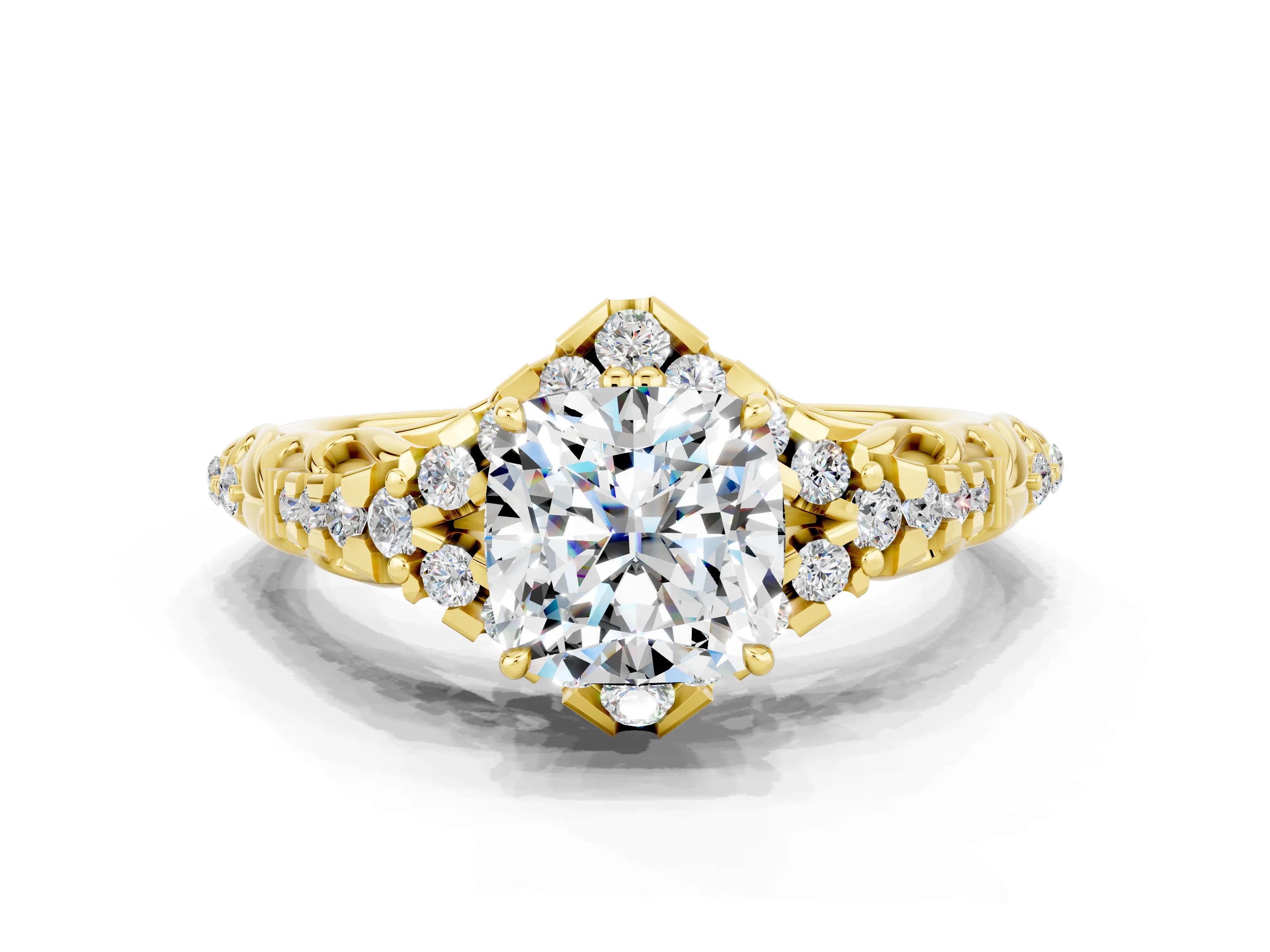 Yellow gold Cushion Cut Moissanite Solitaire Ring with Hidden Halo and Pavé Band_12