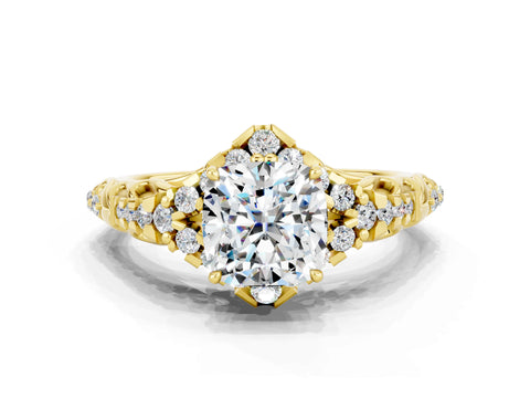 Yellow gold Cushion Cut Moissanite Solitaire Ring with Hidden Halo and Pavé Band_12