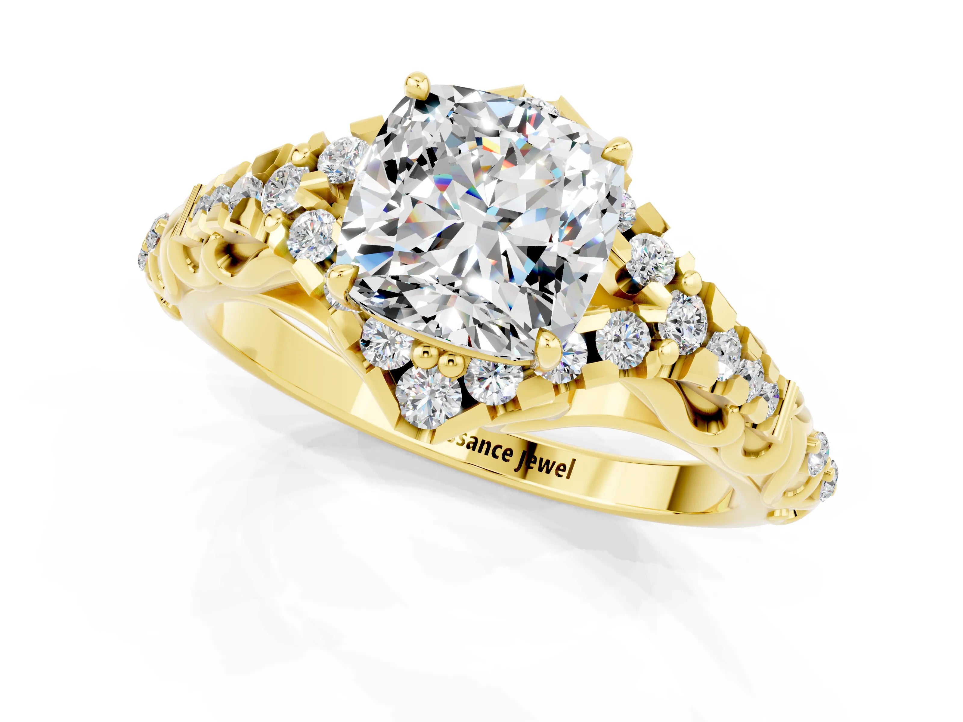 Yellow gold Cushion Cut Moissanite Solitaire Ring with Hidden Halo and Pavé Band_13
