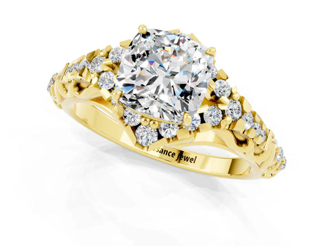 Yellow gold Cushion Cut Moissanite Solitaire Ring with Hidden Halo and Pavé Band_13