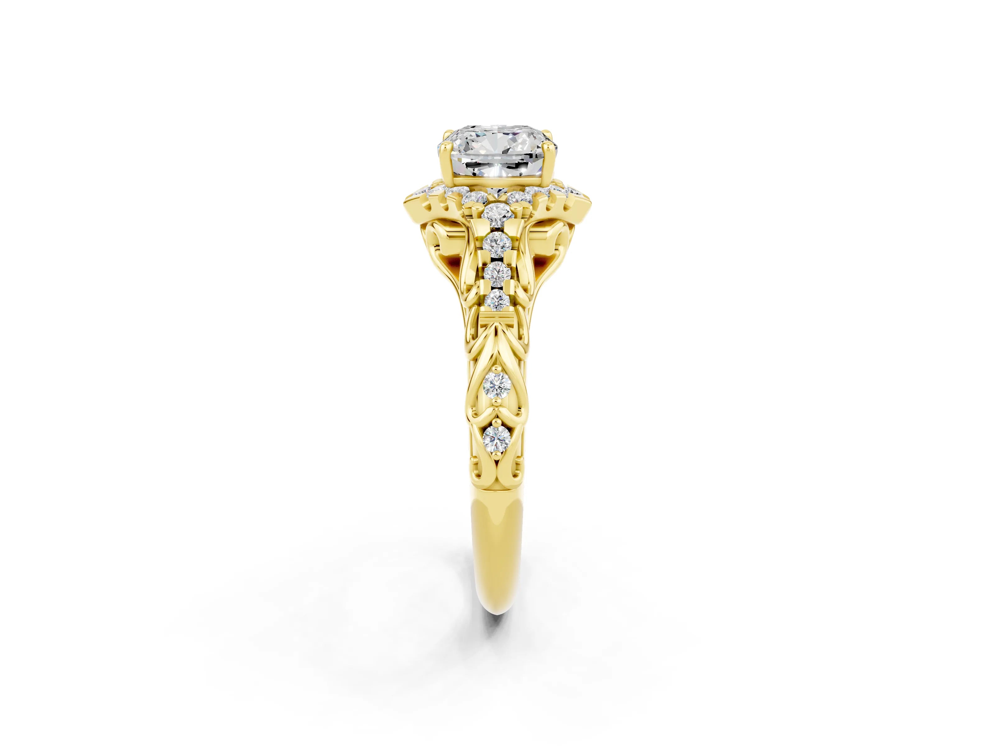 Yellow gold Cushion Cut Moissanite Solitaire Ring with Hidden Halo and Pavé Band_14