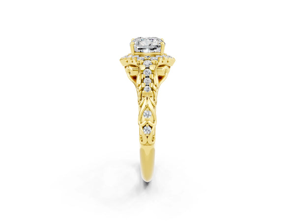 Yellow gold Cushion Cut Moissanite Solitaire Ring with Hidden Halo and Pavé Band