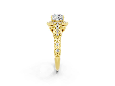 Yellow gold Cushion Cut Moissanite Solitaire Ring with Hidden Halo and Pavé Band_14