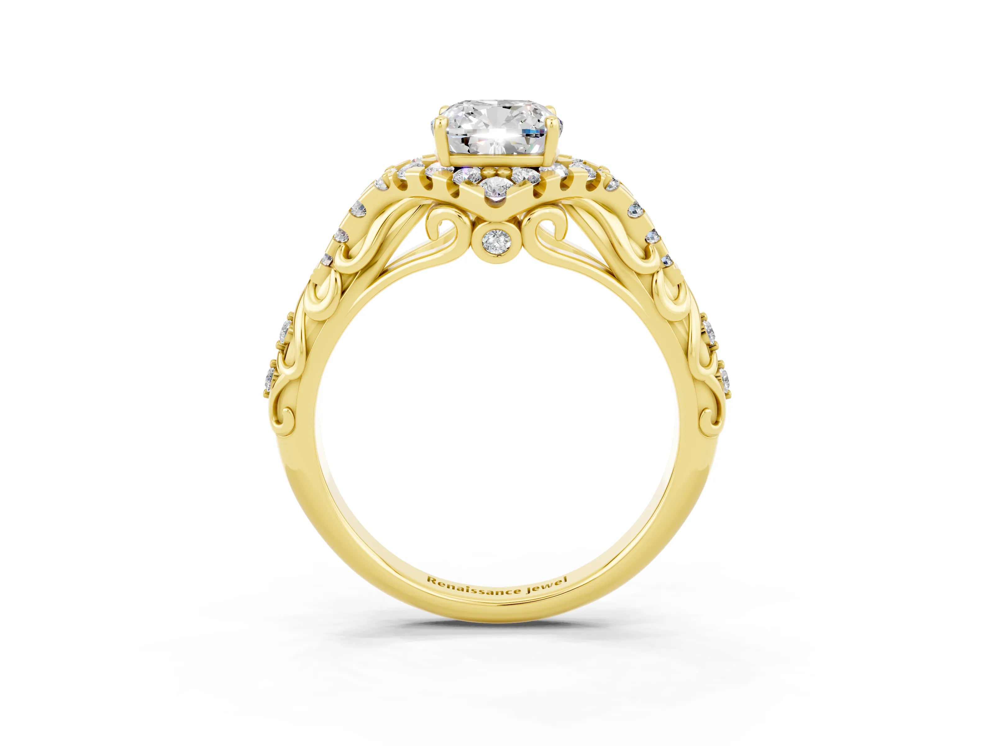 Yellow gold Cushion Cut Moissanite Solitaire Ring with Hidden Halo and Pavé Band_15