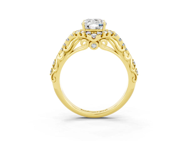 Yellow gold Cushion Cut Moissanite Solitaire Ring with Hidden Halo and Pavé Band