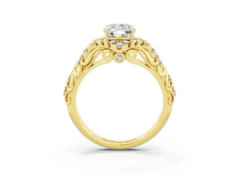 Yellow gold Cushion Cut Moissanite Solitaire Ring with Hidden Halo and Pavé Band_15