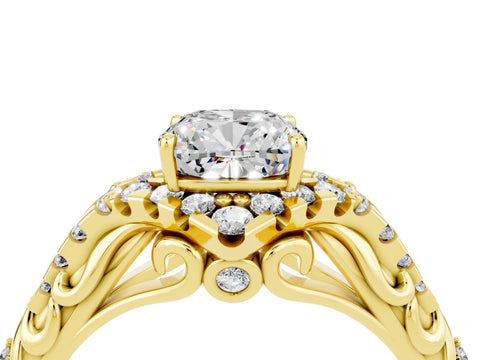 Yellow gold Cushion Cut Moissanite Solitaire Ring with Hidden Halo and Pavé Band_16