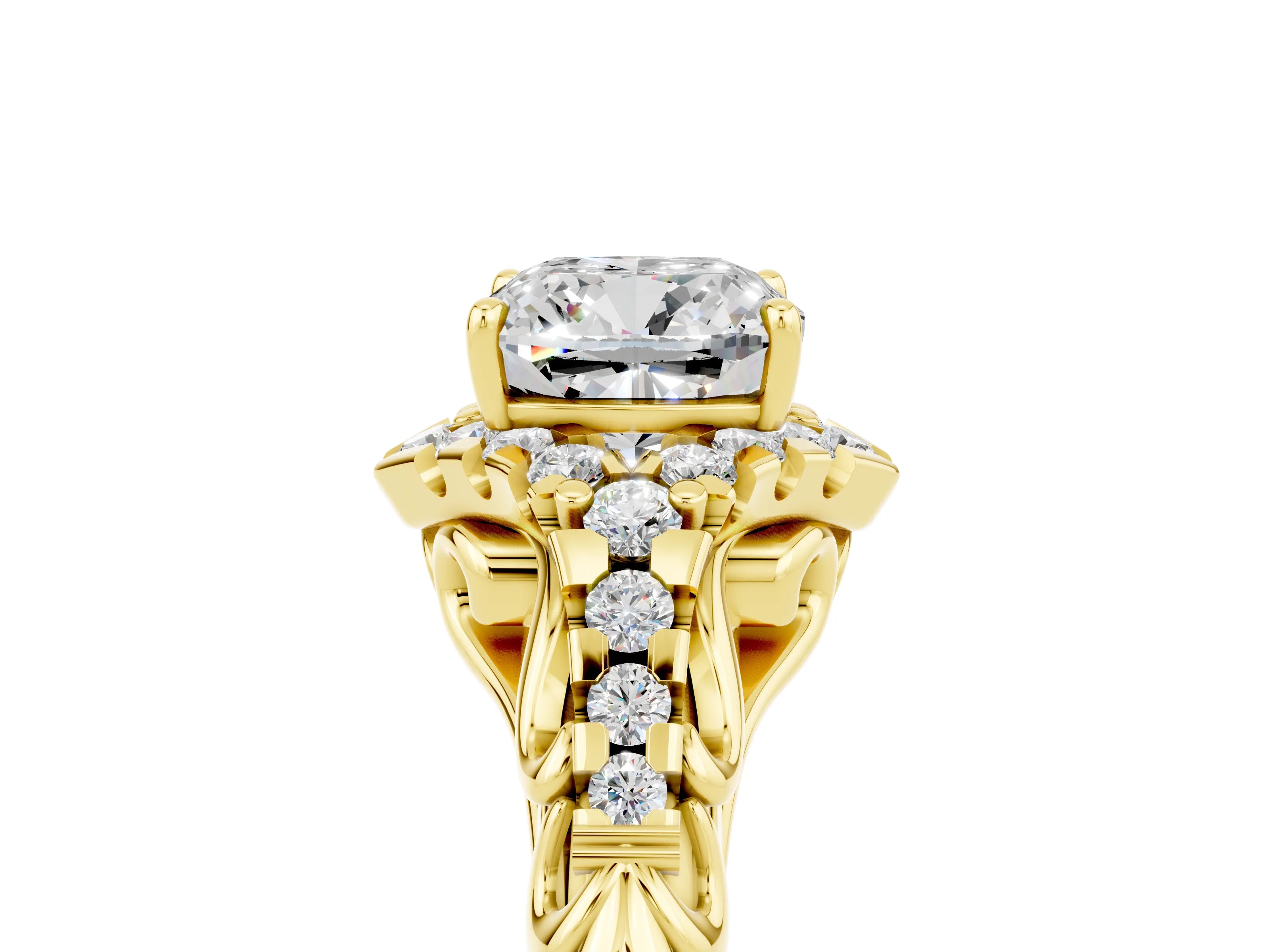 Yellow gold Cushion Cut Moissanite Solitaire Ring with Hidden Halo and Pavé Band_17