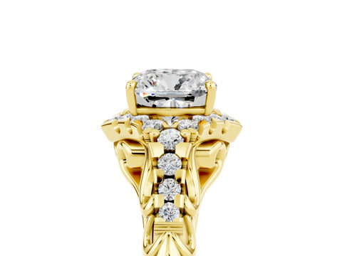 Yellow gold Cushion Cut Moissanite Solitaire Ring with Hidden Halo and Pavé Band_17