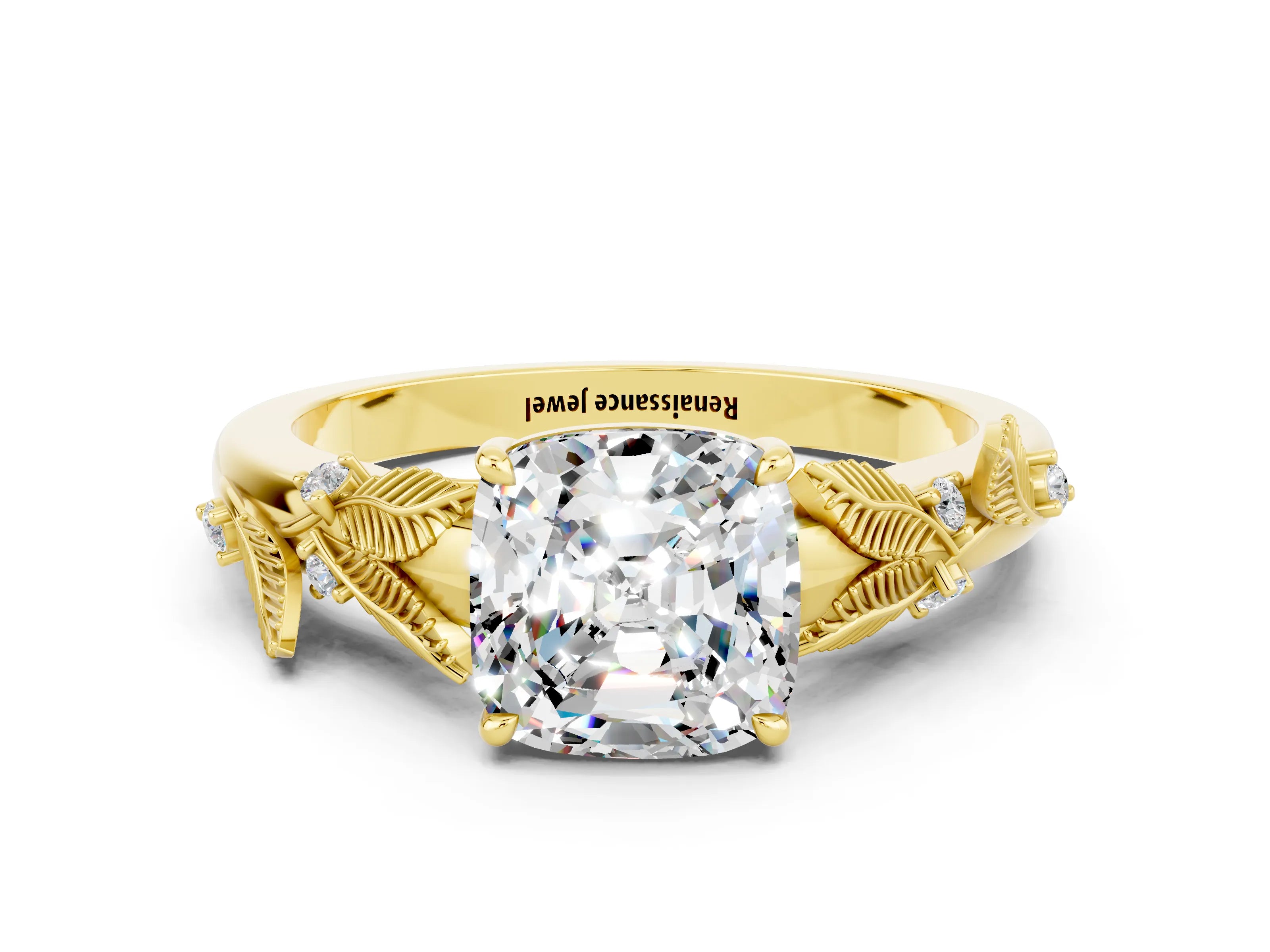 Yellow gold Cushion Cut Moissanite Solitaire Ring with Leaf Motif Band and Four-Prong Setting